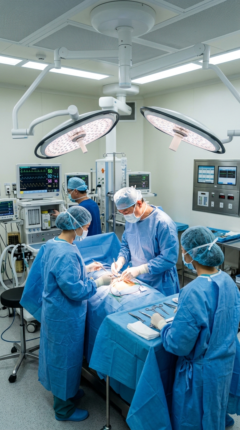 Surgical team performing a procedure in a modern, fully equipped operating room in Mexico